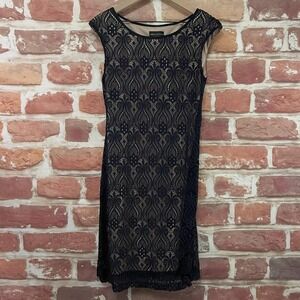 Connected Apparel Dress Womens 10 Blue Cream Floral Lace Career Stretchy Evening